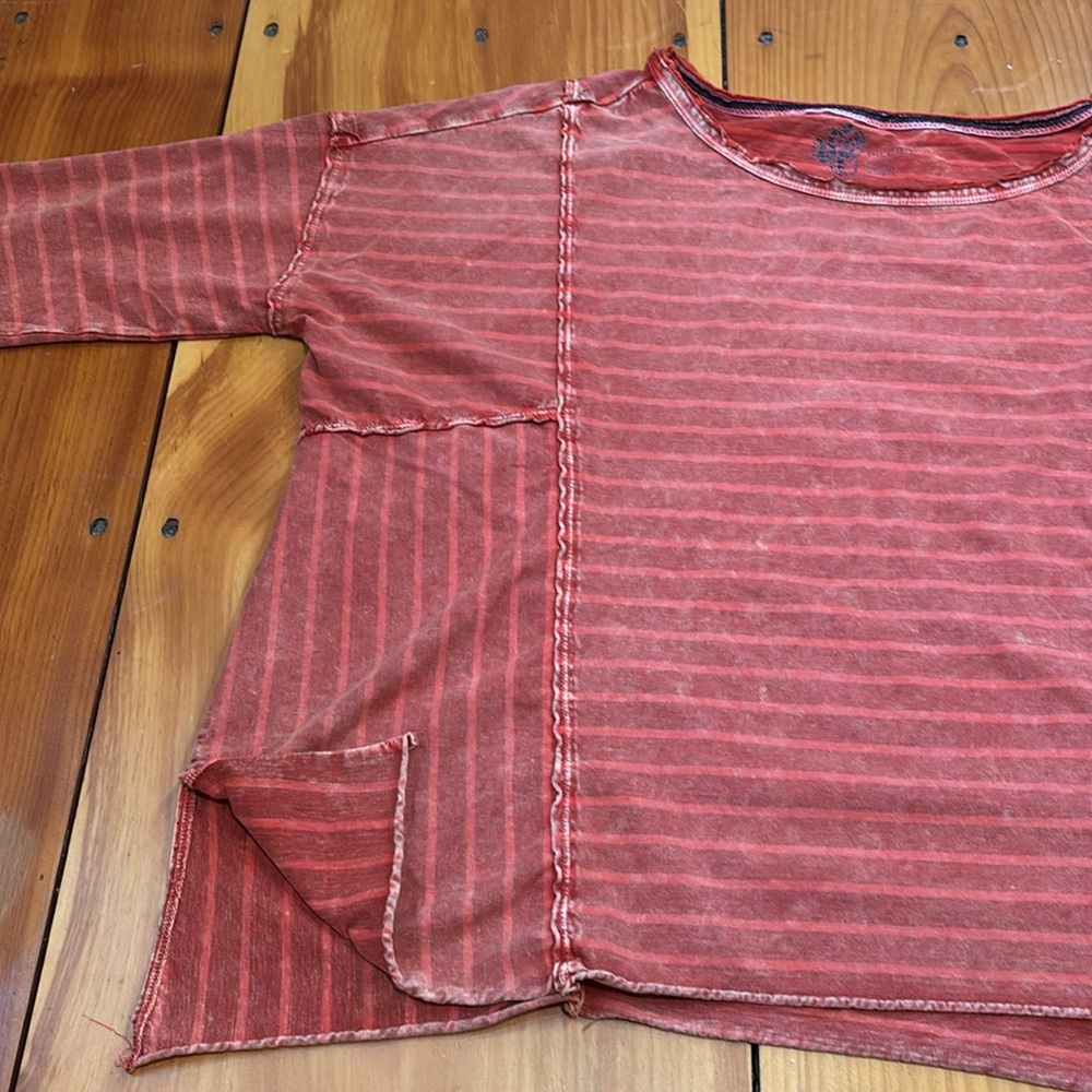 PILCRO L Red Stripe Distressed Drape Slub Top Boho Cotton